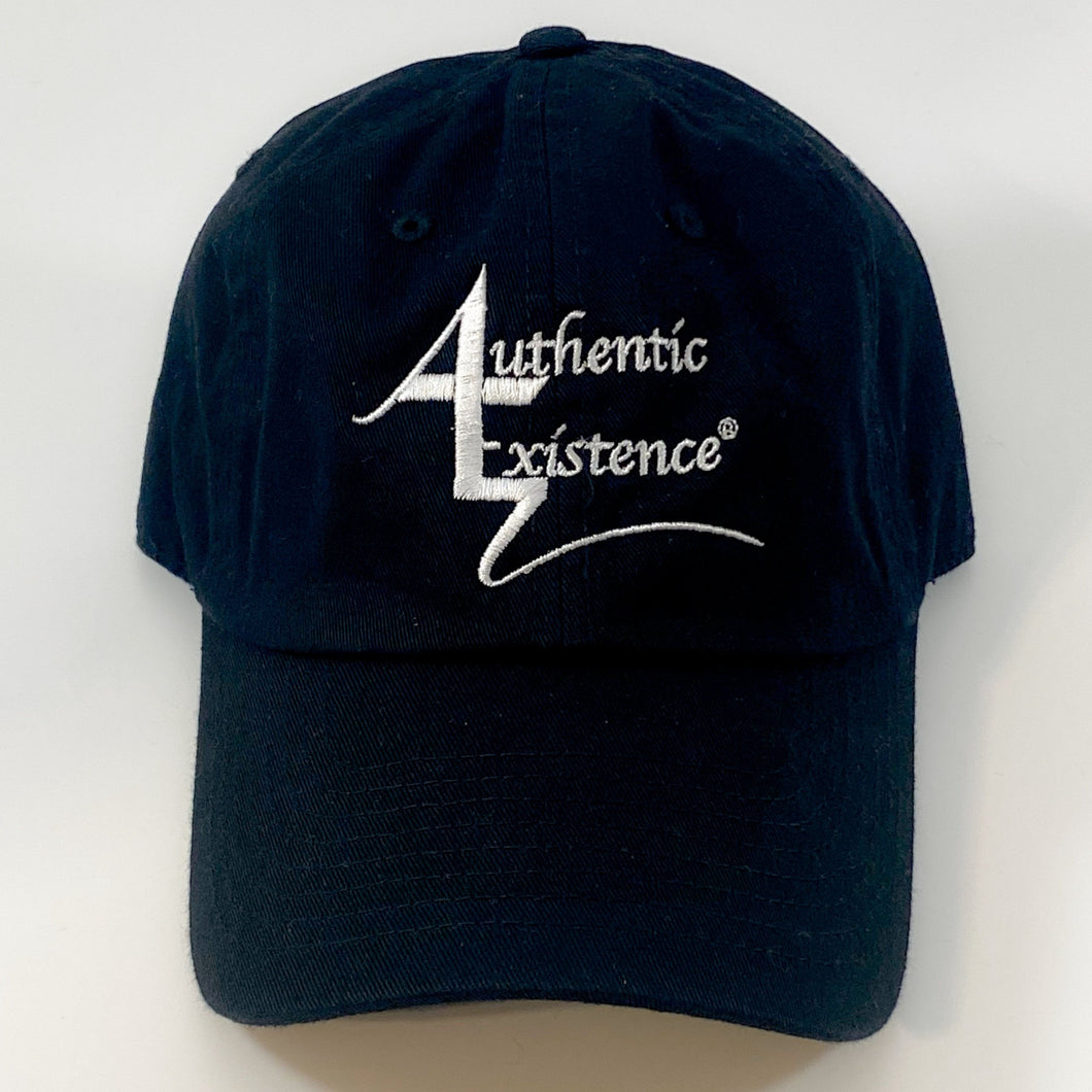 Authentic Existence® Signature Unisex Adjustable Premium Cap - Black with White Embroidery