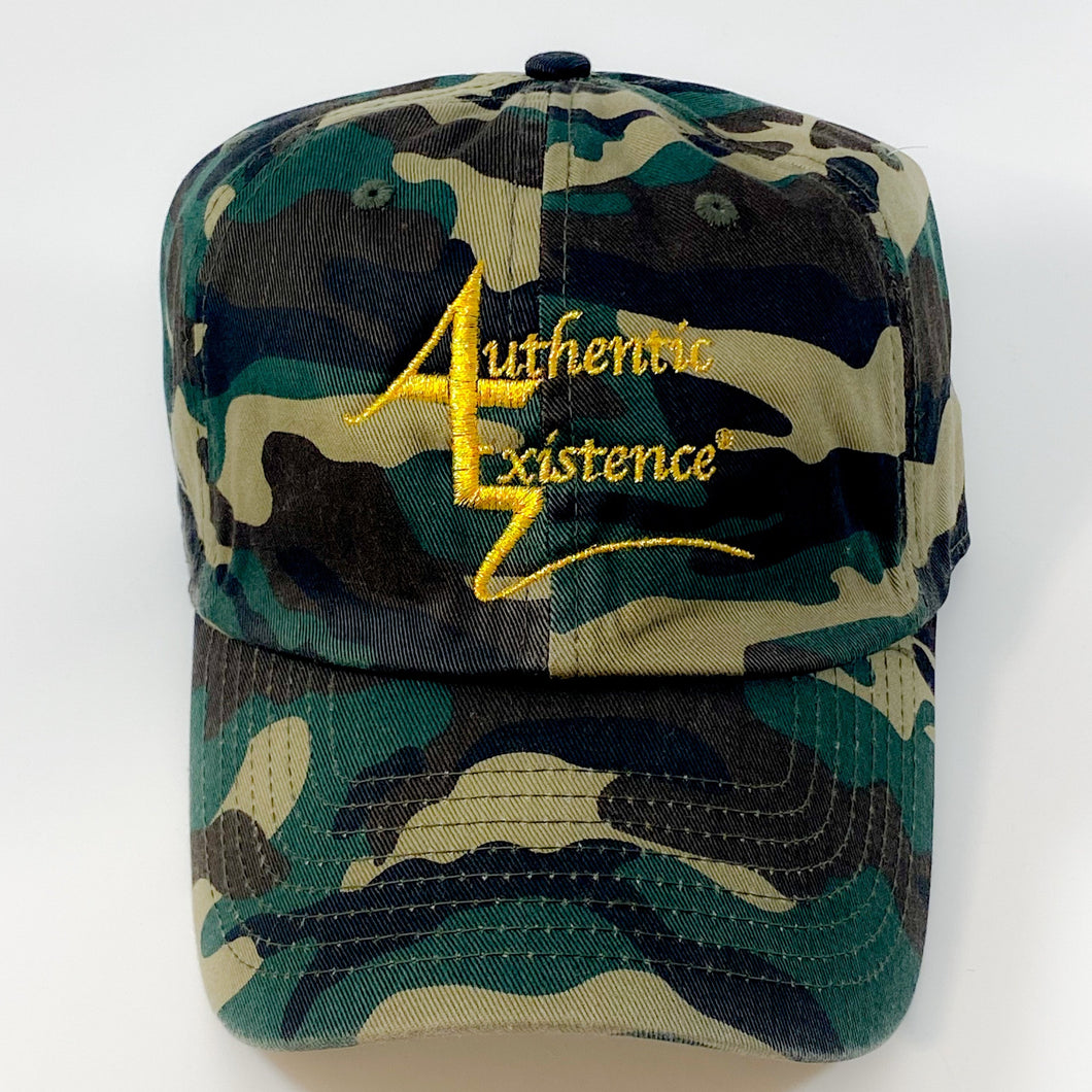 Authentic Existence® Signature Unisex Adjustable Premium Cap - Camo with Gold Embroidery