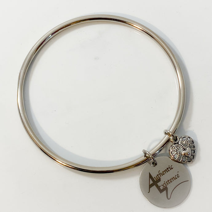 Authentic Existence® Signature Stainless Steel Bangle Bracelet with Small Filigree Heart