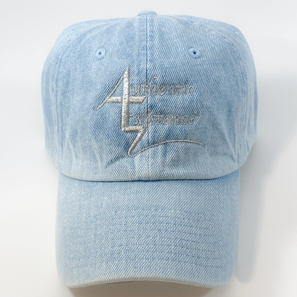 Authentic Existence® Signature Unisex Adjustable Premium Cap - Light Denim with Silver Embroidery
