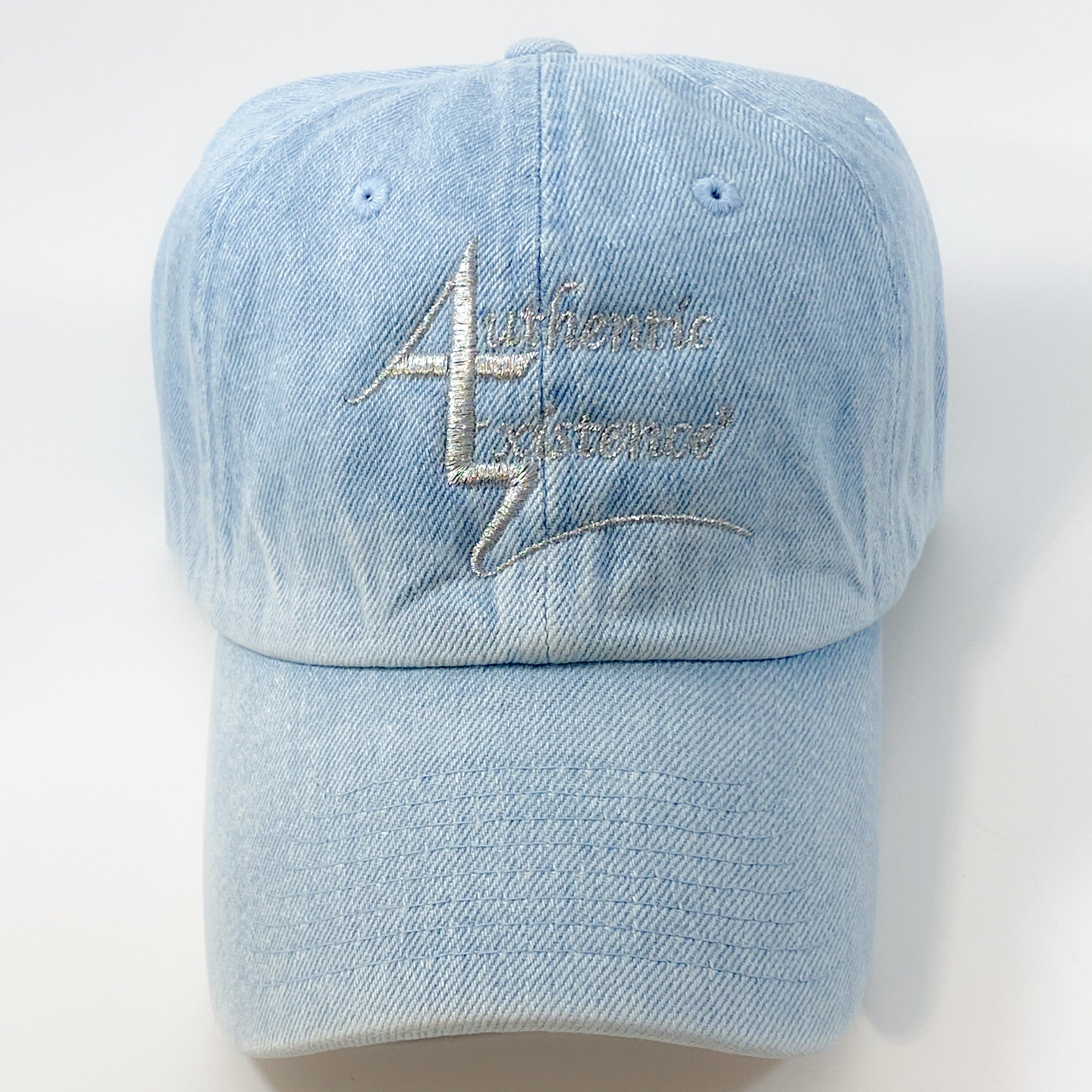 Authentic Existence® Signature Unisex Adjustable Premium Cap - Light Denim with Silver Embroidery