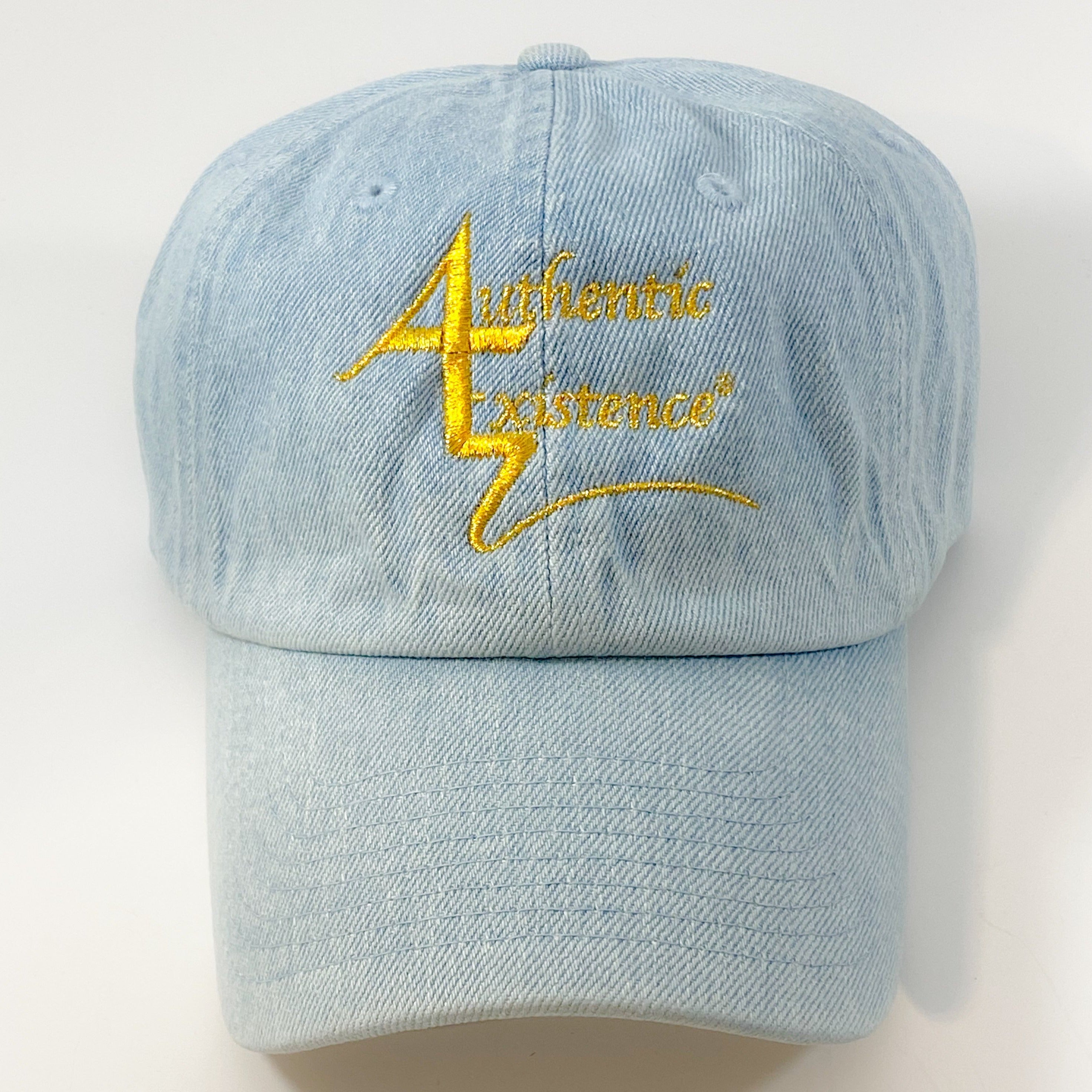 Authentic Existence® Signature Unisex Adjustable Premium Cap - Light Denim with Gold Embroidery