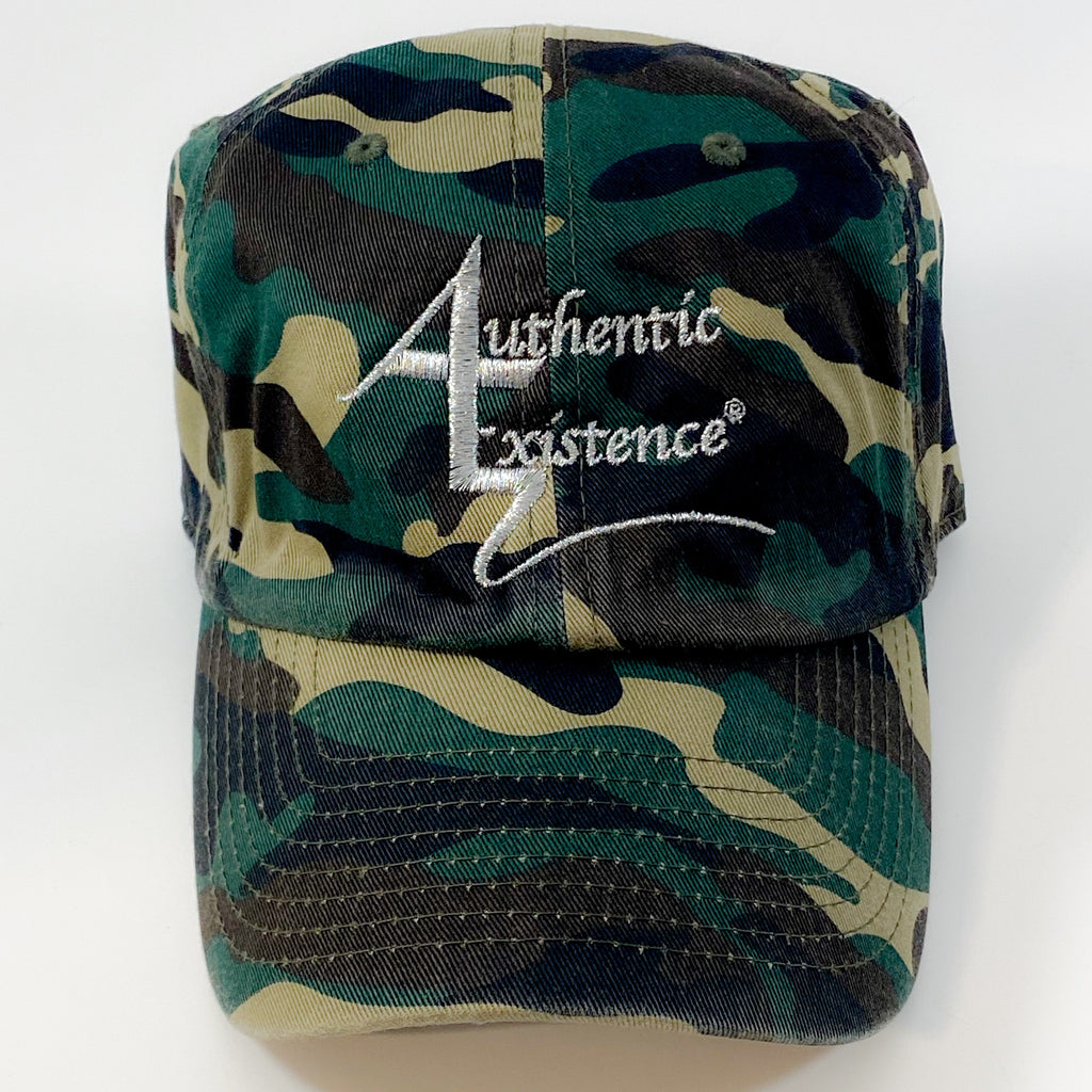 Authentic Existence® Signature Unisex Adjustable Premium Cap - Camo with Silver Embroidery