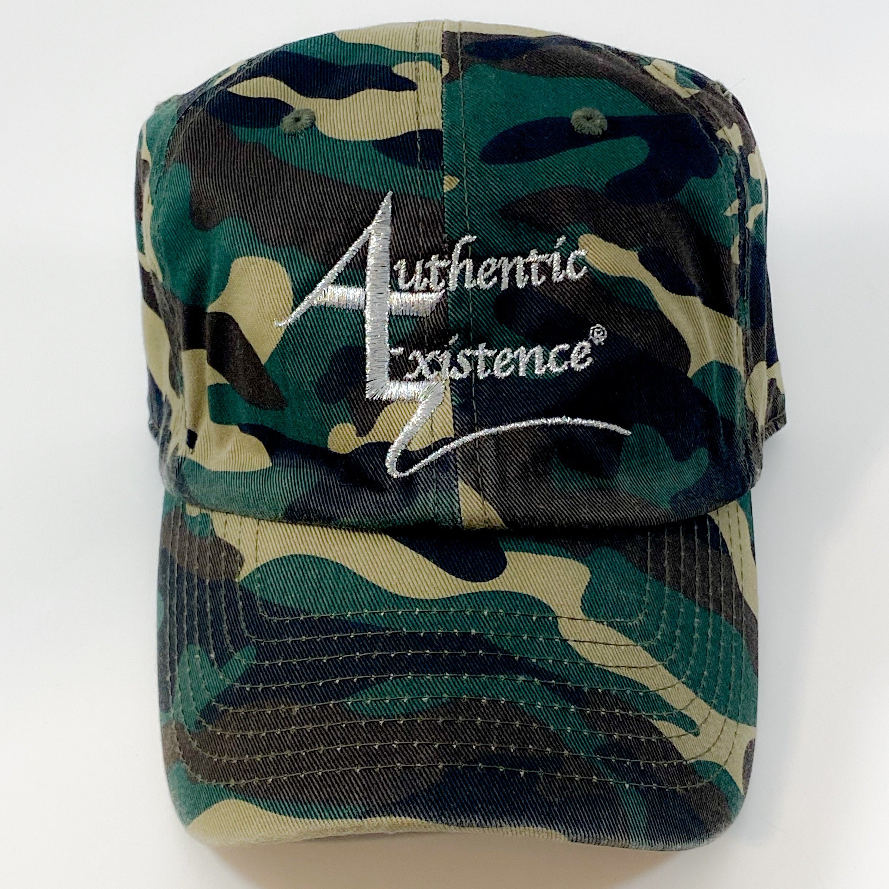 Authentic Existence® Signature Unisex Adjustable Premium Cap - Camo with Silver Embroidery