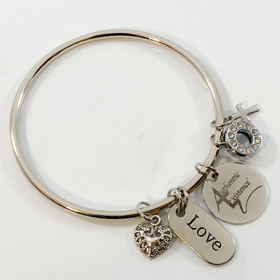 Authentic Existence® Love Bracelet - Stainless Steel Bangle with Signature and Rhinestone Charms